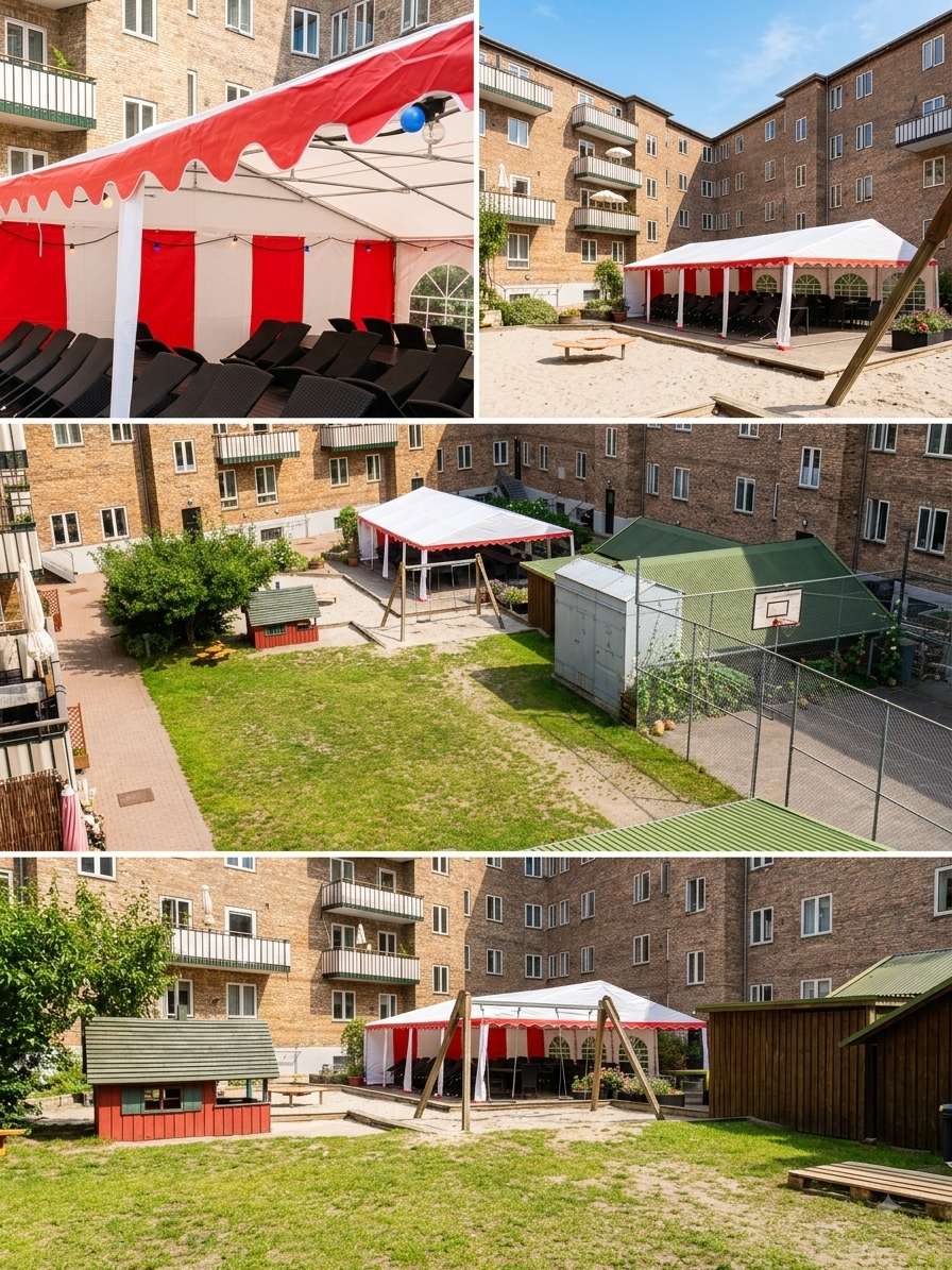 Foreningens festpavillon (6 x 8 m) opstillet i gården